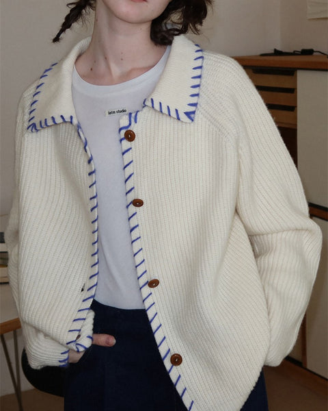 配色ステッチ カーディガン レディース 翻襟 ニットカーディガン ゆったり 長袖 シンプル おしゃれ カジュアル トップス 秋冬 新作 ID2062