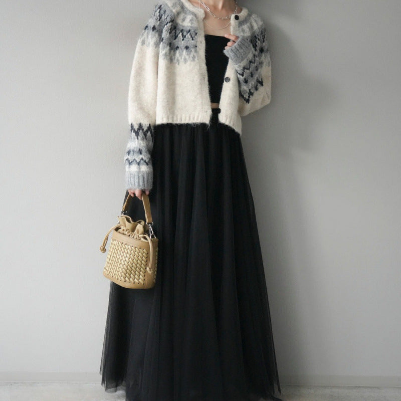 「今だけこの価格」2点セット フェアアイル柄 ニットカーディ チュールロングスカート レディース ふわっと上品 シンプル 大人可愛い 体型カバー 着回し 秋冬新作 ID2246