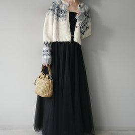 「今だけこの価格」2点セット フェアアイル柄 ニットカーディ チュールロングスカート レディース ふわっと上品 シンプル 大人可愛い 体型カバー 着回し 秋冬新作 ID2246