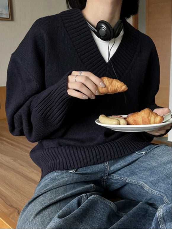Vネック ニット セーター レディース ゆったり 無地 シンプル カジュアル 体型カバー 秋冬 トップス ID2279