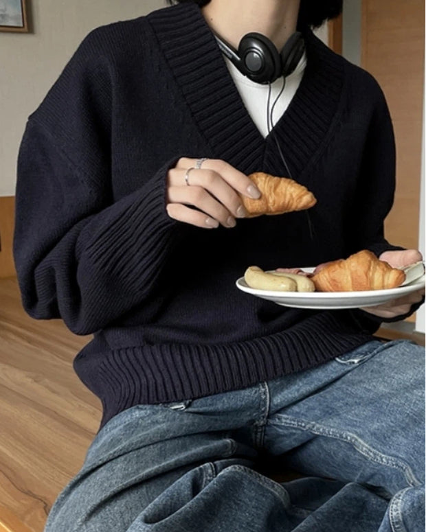 Vネック ニット セーター レディース ゆったり 無地 シンプル カジュアル 体型カバー 秋冬 トップス ID2279