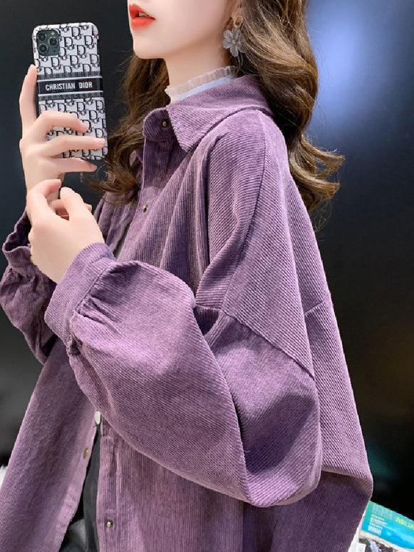 コーデュロイ シャツ レディース 長袖 オーバーサイズ 羽織り シャツジャケット カジュアル シンプル 無地 トップス 体型カバー 秋冬 ゆったり おしゃれ 大人女子 通勤 通学 デイリー 定番 ベーシック ID1685