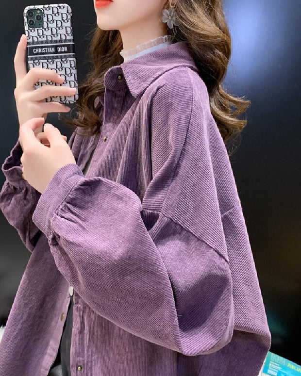 コーデュロイ シャツ レディース 長袖 オーバーサイズ 羽織り シャツジャケット カジュアル シンプル 無地 トップス 体型カバー 秋冬 ゆったり おしゃれ 大人女子 通勤 通学 デイリー 定番 ベーシック ID1685