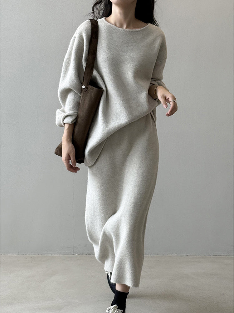 「限定価格は今だけ！」2点セット クルーネック ニット + ミモレ丈 スカート レディース セットアップ シンプル 上品 通勤 体型カバー 秋冬 新作 ID2088