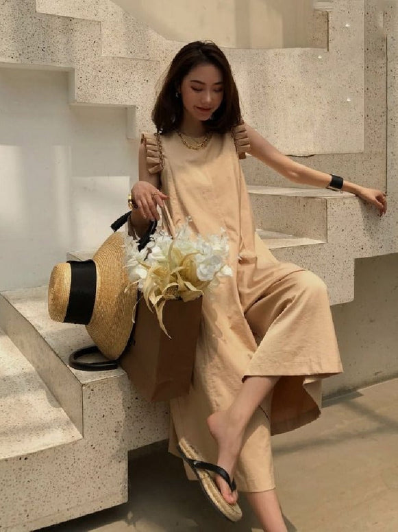 ID772 2色展開 フリルスリーブ オールインワン レディース 九分丈 ワイドパンツ ゆったり 着痩せ効果 夏用 カジュアル 大人可愛い