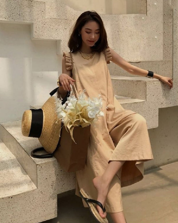 ID772 2色展開 フリルスリーブ オールインワン レディース 九分丈 ワイドパンツ ゆったり 着痩せ効果 夏用 カジュアル 大人可愛い