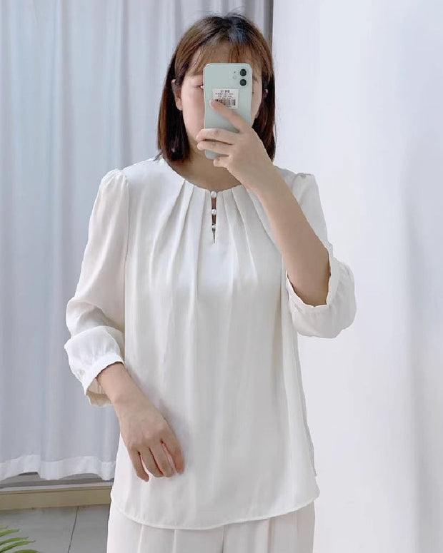 パールボタン ブラウス レディース 七分袖 シフォン シャツ 通勤 オフィスカジュアル スーツインナー 面接 フォーマル 入学式 卒業式 参観日 食事会 春秋 トップス ID1622