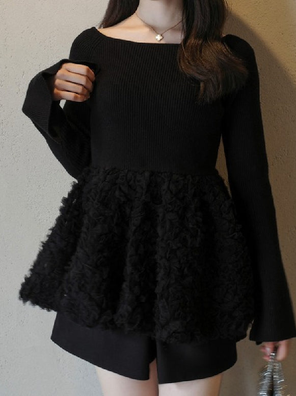 ボートネック 立体フリル ペプラム風 ニット プルオーバー レディース フェミニン 可愛い シルエット美 上品 トップス ID2258