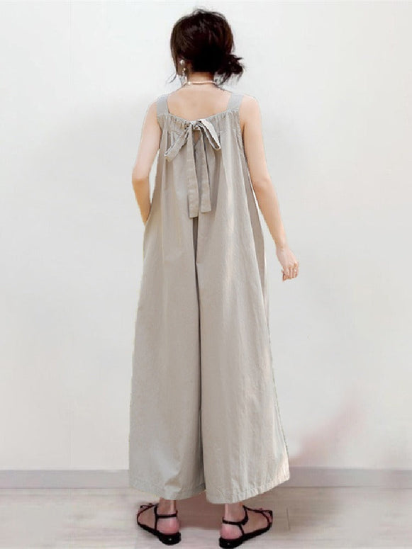 【740】サロペット ワイドパンツ レディース ルーズフィット カジュアル 後ろリボン バックタイ フリーサイズ ゆったり シンプル 夏用 体型カバー 春夏新作