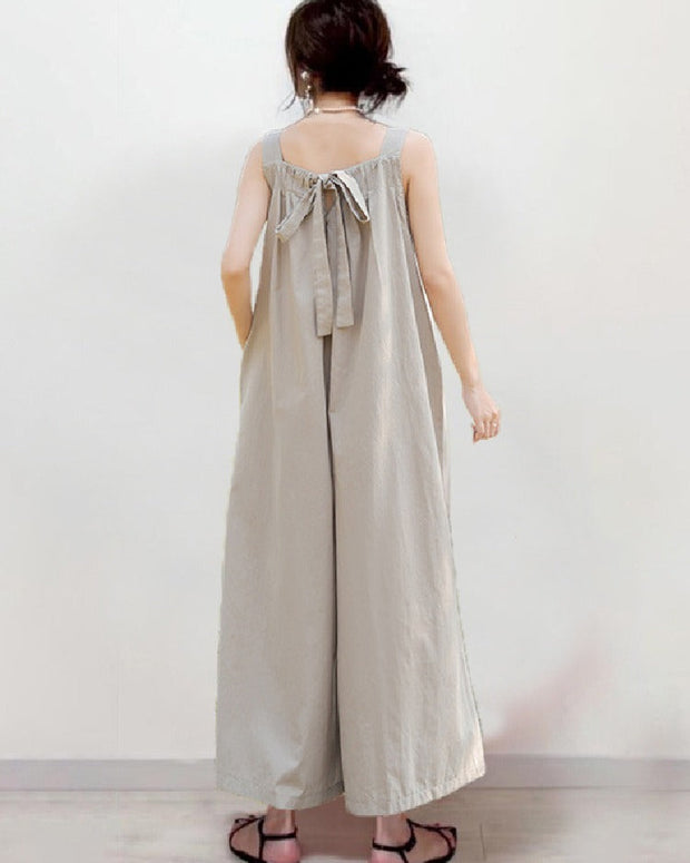 【740】サロペット ワイドパンツ レディース ルーズフィット カジュアル 後ろリボン バックタイ フリーサイズ ゆったり シンプル 夏用 体型カバー 春夏新作