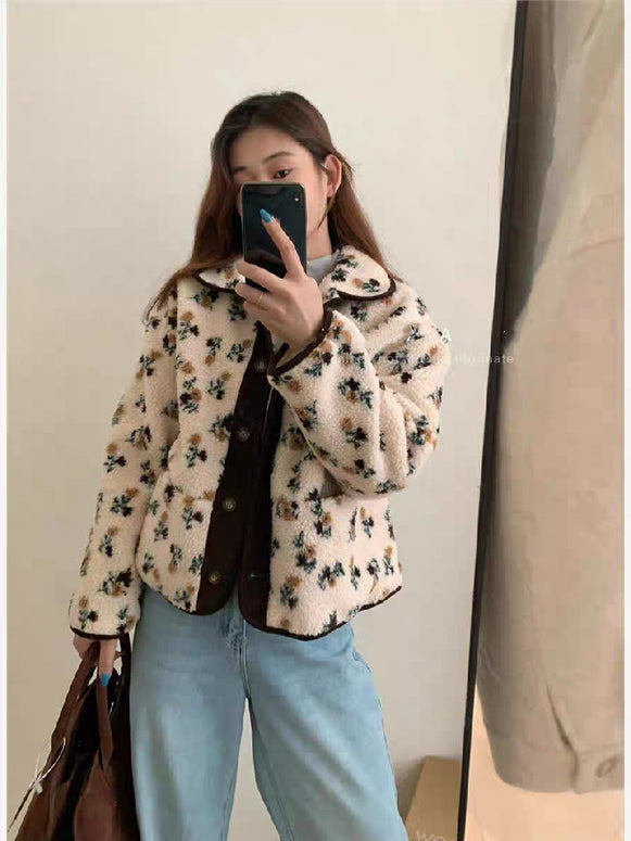 「タイムセール中！」花柄 ボア ジャケット レディース フリース アウター ゆったり 可愛い 暖かい 軽量 カジュアル 通勤 通学 秋冬 新作 ID2134
