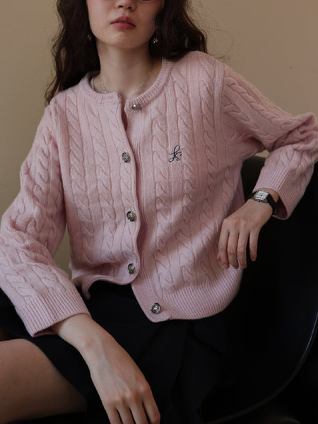 ウール混 ケーブル編み カーディガン レディース 丸首 刺繍入り フレンチスタイル 柔らかい シンプル 通勤 きれいめ 秋冬 新作 ID2149