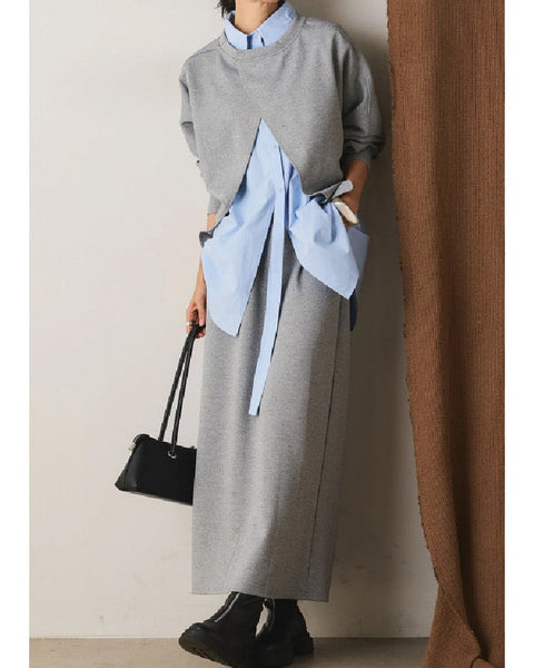 【3点セット】デザイン感 リボンシャツ レイヤード スウェット スカート 3色展開 セットアップ 春 秋 ID1792