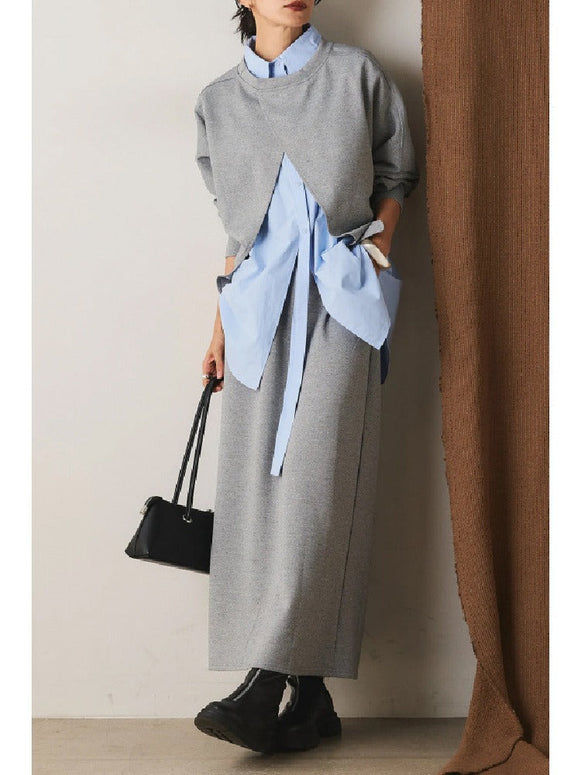 【3点セット】デザイン感 リボンシャツ レイヤード スウェット スカート 3色展開 セットアップ 春 秋 ID1792