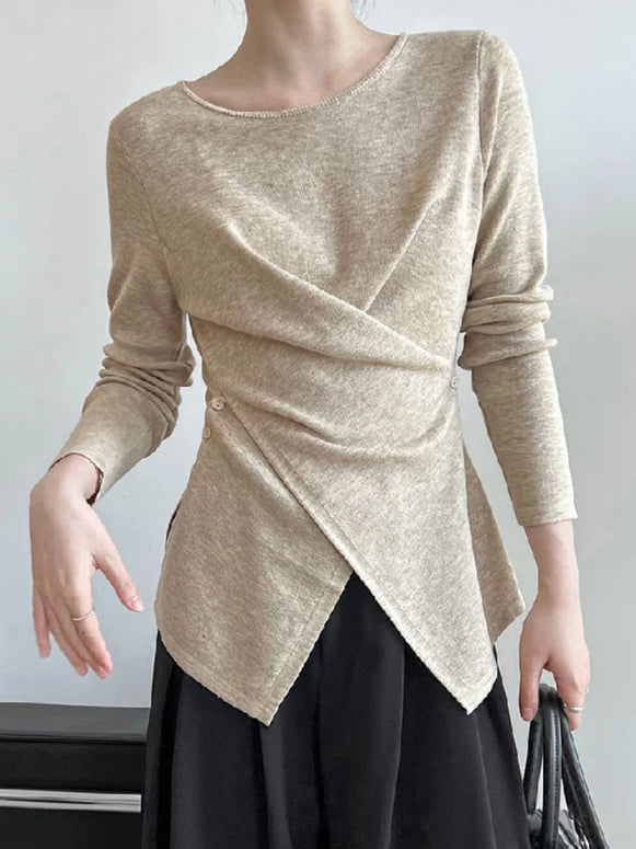 ウール ニット アシンメトリー デザイン カットソー レディース 長袖 トップス きれいめ 大人シンプル 体型カバー 上品 おしゃれ 通勤コーデ ID2299