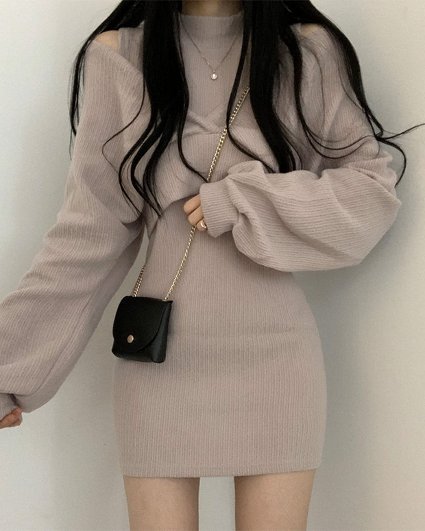 オフショルダー ニット＋タイト ワンピース セットアップ レディース きれいめ 大人可愛い 体型カバー デートコーデ 秋冬 新作 ID2264