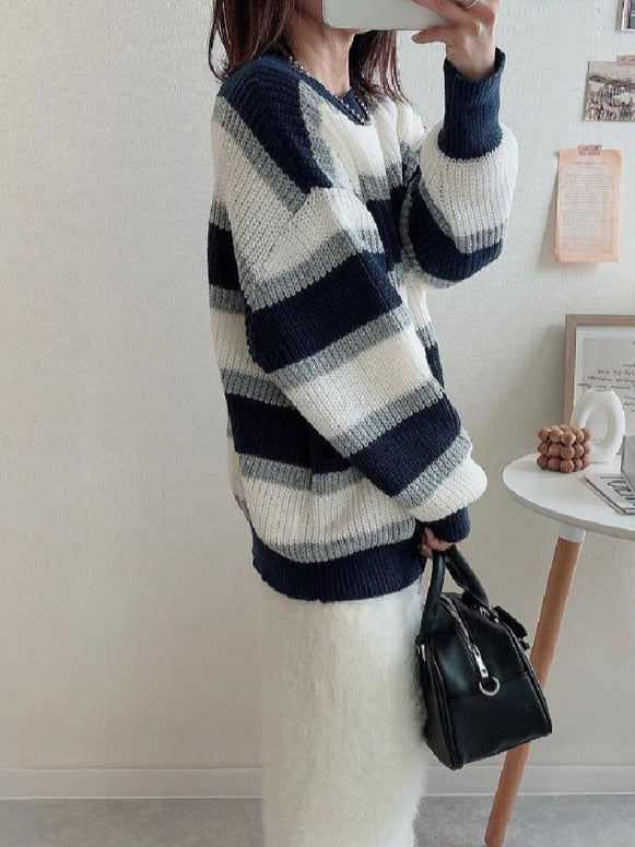 ボーダー柄 ニットセーター レディース 長袖 ゆったり シンプル ラウンドネック 体型カバー おしゃれ カジュアル 大人可愛い 秋冬 トップス ニットプルオーバー ID1764