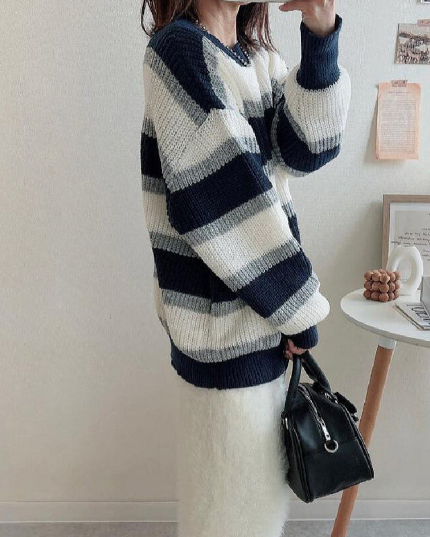 ボーダー柄 ニットセーター レディース 長袖 ゆったり シンプル ラウンドネック 体型カバー おしゃれ カジュアル 大人可愛い 秋冬 トップス ニットプルオーバー ID1764