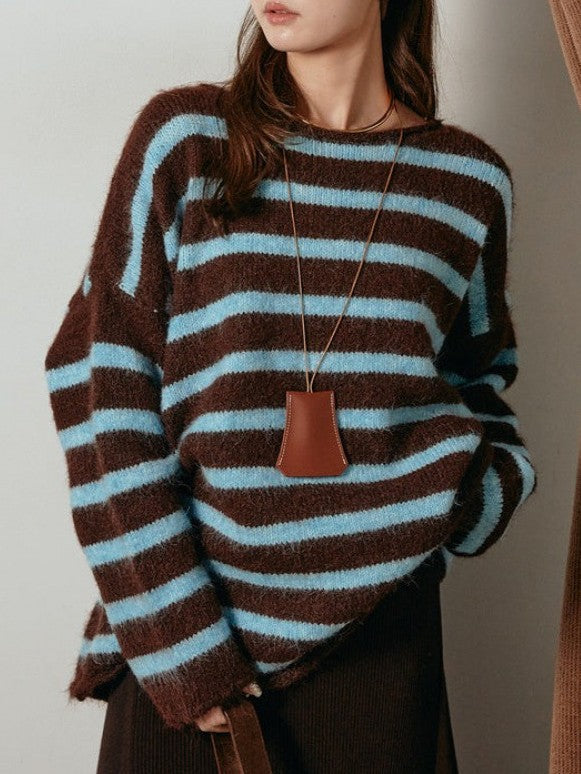 ボーダー ニット レディース 長袖 ふわふわ ゆったり シンプル カジュアル 体型カバー 大人可愛い 秋冬 新作 ID2074