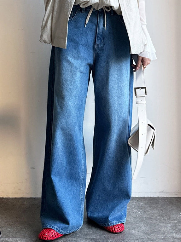 体型カバー ストレート ワイドパンツ ストレッチ デニムパンツ 大きめ おしゃれ ボトム 低身長 カジュアル 春 夏 秋 ID1163