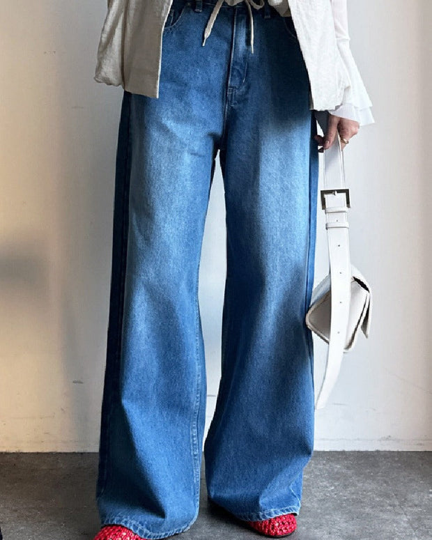 体型カバー ストレート ワイドパンツ ストレッチ デニムパンツ 大きめ おしゃれ ボトム 低身長 カジュアル 春 夏 秋 ID1163