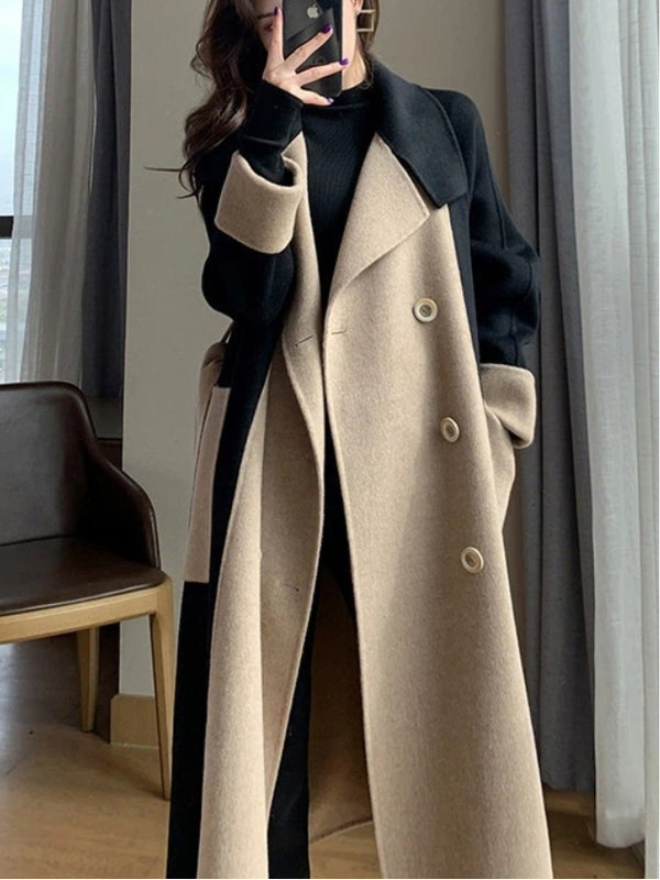 「超得！ブラックフライデー」ロング丈 ウールコート レディース ダブルボタン 配色デザイン ゆったり 上品 通勤 きれいめ 大人 シンプル 秋冬 新作 ID2161