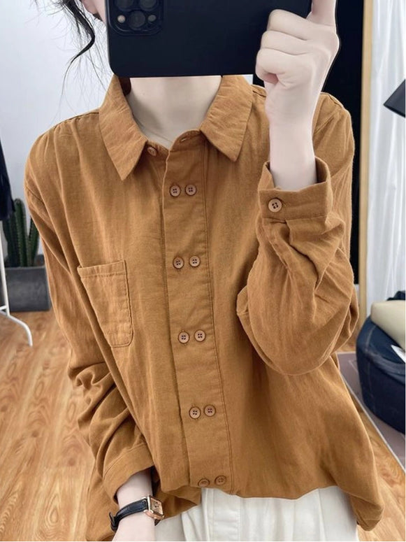 4色展開 シャツ レディース 長袖 綿麻 ダブルブレスト ポロカラー ゆったり 体型カバー シンプル 無地 インナー 通勤 カジュアル 春秋 ID1432