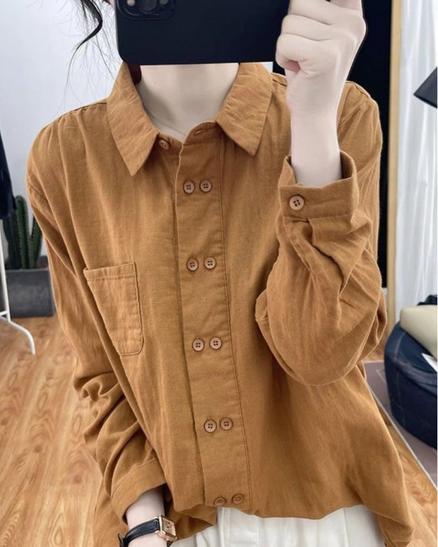 4色展開 シャツ レディース 長袖 綿麻 ダブルブレスト ポロカラー ゆったり 体型カバー シンプル 無地 インナー 通勤 カジュアル 春秋 ID1432