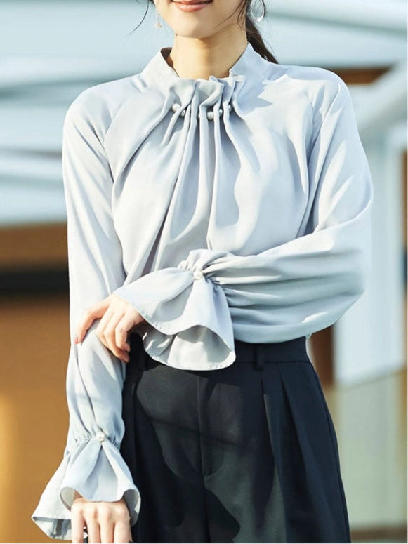 スタンドカラー ブラウス レディース 長袖 無地 パール調 ビーズ付き フレアスリーブ エレガント トップス 入学式 卒業式 通勤 オフィス フォーマル お呼ばれ 食事会 結婚式 二次会 大人女子 きれいめ 上品 ID1410