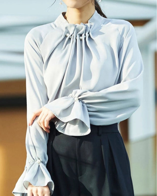 スタンドカラー ブラウス レディース 長袖 無地 パール調 ビーズ付き フレアスリーブ エレガント トップス 入学式 卒業式 通勤 オフィス フォーマル お呼ばれ 食事会 結婚式 二次会 大人女子 きれいめ 上品 ID1410