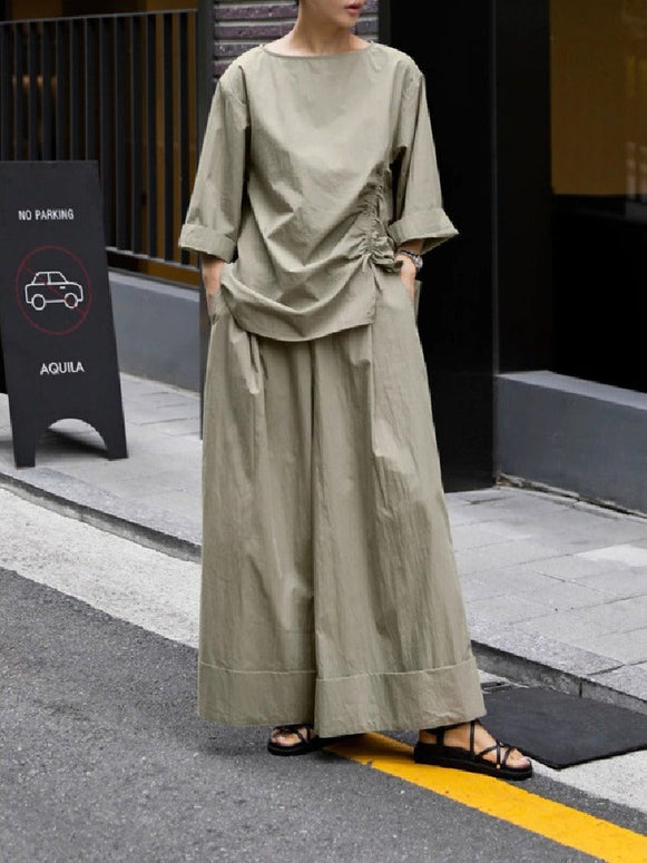 【ゆったり着心地】レディース 綿100% カジュアルセットアップ オーバーサイズシャツ+ワイドパンツ ハイウエスト ストレッチ 九分丈 春 夏 秋 通勤 ママ プチプラ 快適 吸汗 透け防止 ID1132