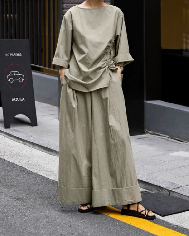 【ゆったり着心地】レディース 綿100% カジュアルセットアップ オーバーサイズシャツ+ワイドパンツ ハイウエスト ストレッチ 九分丈 春 夏 秋 通勤 ママ プチプラ 快適 吸汗 透け防止 ID1132