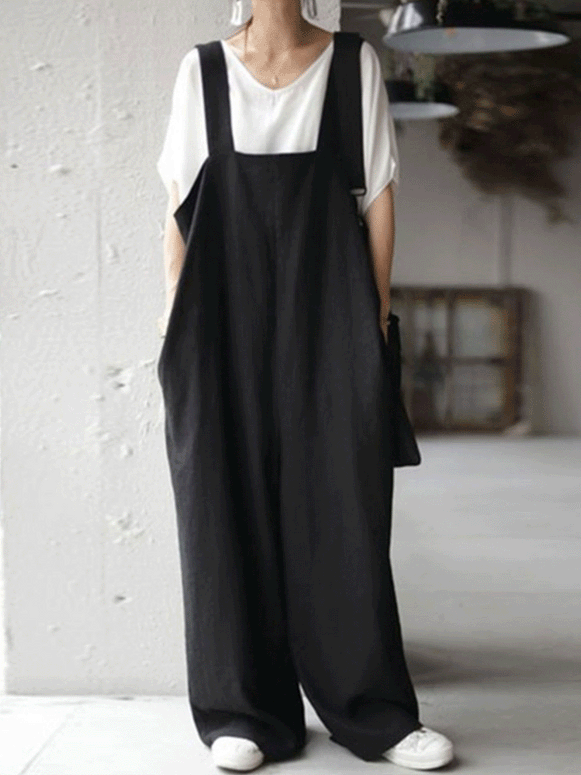 【292】ブラック サロペット レディース ゆったり ロング丈 調節可能ストラップ 体型カバー 脚長効果 日系カジュアル 2025夏新作