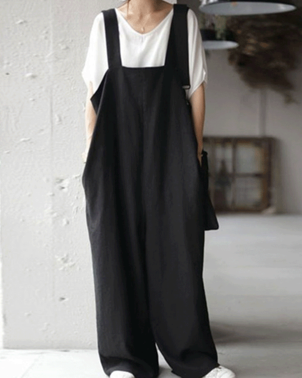 【292】ブラック サロペット レディース ゆったり ロング丈 調節可能ストラップ 体型カバー 脚長効果 日系カジュアル 2025夏新作