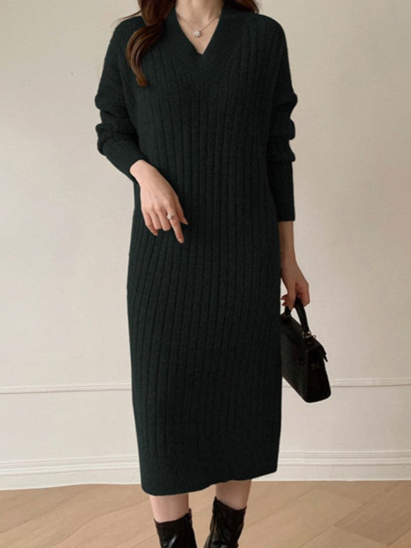 ニット ワンピース Vネック ロング丈 長袖 伸縮性 リブ編み 体型カバー シンプル 上品 通勤 デート 秋冬 新作 人気 レディース ID1965
