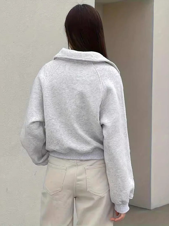 ハーフジップ スウェット レディース グレー トップス ラグランスリーブ 襟付き ゆったり カジュアル シンプル 体型カバー 秋冬 新作 ID1646