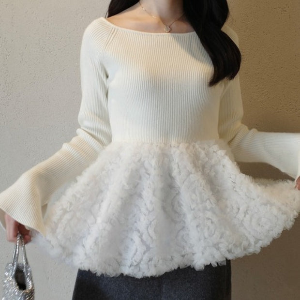 ボートネック 立体フリル ペプラム風 ニット プルオーバー レディース フェミニン 可愛い シルエット美 上品 トップス ID2258
