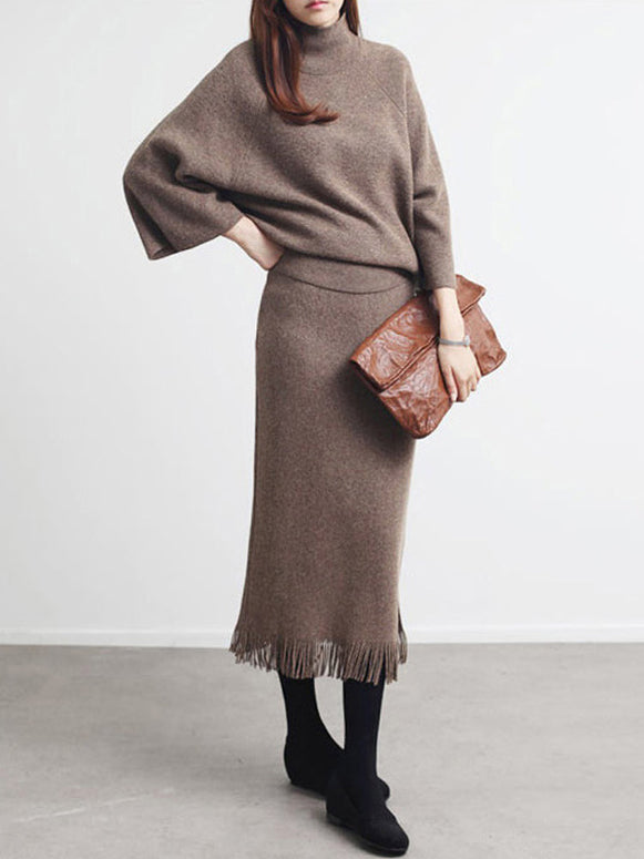 2点セット ニットセットアップ レディース ハイネック トップス+ フリンジスカート エレガント きれいめ 通勤 通学 上品 ゆったり 体型カバー 秋冬新作 ID1835