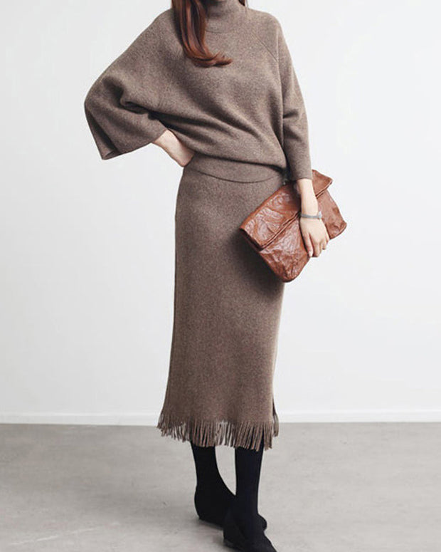 2点セット ニットセットアップ レディース ハイネック トップス+ フリンジスカート エレガント きれいめ 通勤 通学 上品 ゆったり 体型カバー 秋冬新作 ID1835