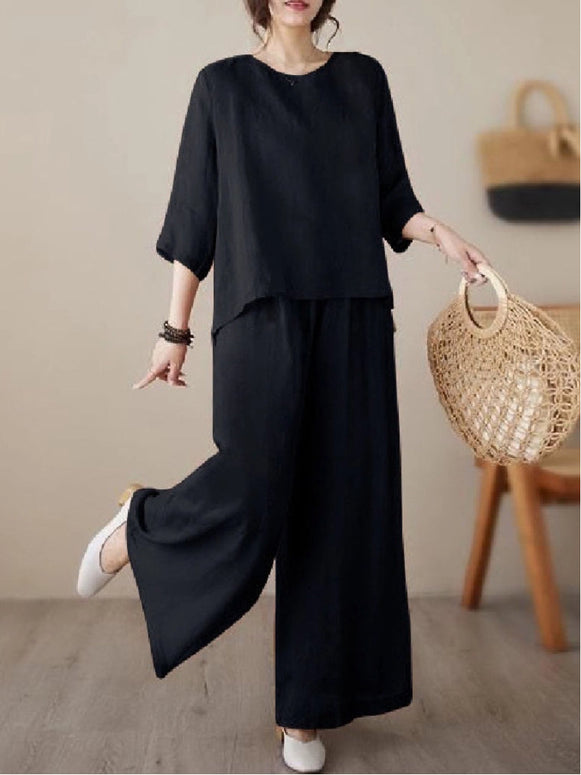 6色展開 綿麻 セットアップ レディース 無地 七分袖 トップス ワイドパンツ ゆったり 体型カバー カジュアル おしゃれ 春夏秋 ID1449