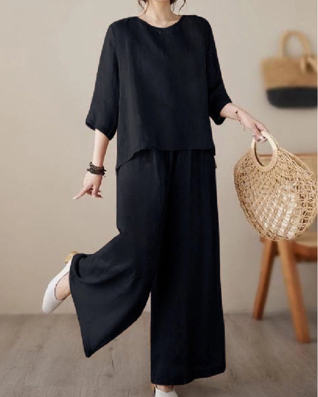 6色展開 綿麻 セットアップ レディース 無地 七分袖 トップス ワイドパンツ ゆったり 体型カバー カジュアル おしゃれ 春夏秋 ID1449