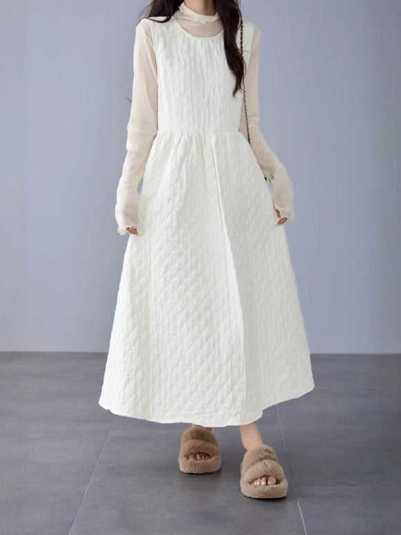 ノースリーブ ワンピース レディース キルティング Aライン ロング丈 体型カバー シンプル 無地 ジャンパースカート レイヤードコーデ 秋冬 新作 人気 ID1855