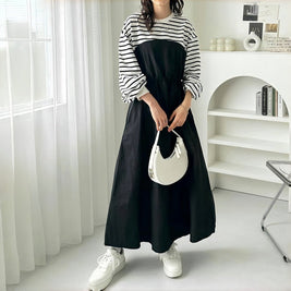 異素材切替 ワンピース レディース 長袖 ボーダー柄 ウエスト絞り ロング丈 ゆったり 体型カバー カジュアル おしゃれ 大人可愛い モードスタイル 秋冬新作 ID1832