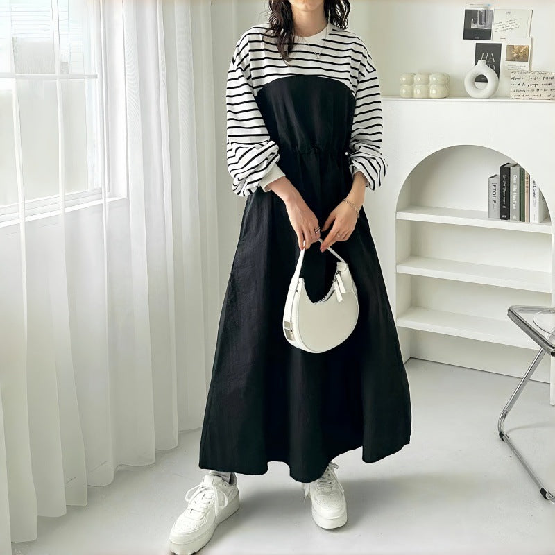 異素材切替 ワンピース レディース 長袖 ボーダー柄 ウエスト絞り ロング丈 ゆったり 体型カバー カジュアル おしゃれ 大人可愛い モードスタイル 秋冬新作 ID1832