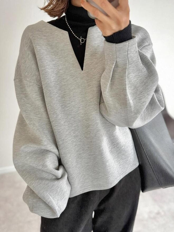 レディース トップス Vネック スウェット 無地 ランタンスリーブ 長袖 ゆったり 体型カバー カジュアル 秋冬 おしゃれ 定番 ID1788