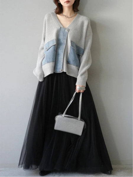 単品購入可！2点セット レディース デニム切り替え ニットカーディガン + チュールスカート 異素材ミックス 上下セット ゆったり シンプル 大人カジュアル おしゃれ 秋冬 新作 人気 ID1885