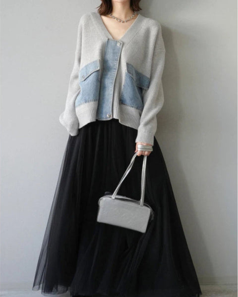 単品購入可！2点セット レディース デニム切り替え ニットカーディガン + チュールスカート 異素材ミックス 上下セット ゆったり シンプル 大人カジュアル おしゃれ 秋冬 新作 人気 ID1885