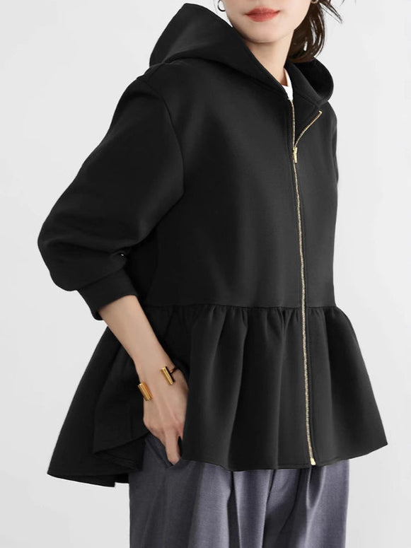 2色展開 フリル裾 パーカー レディース ジップアップ フーディー 長袖 カジュアル ゆったり 体型カバー 無地 シンプル 羽織り 春秋 上品 可愛い 大人カジュアル アウター ID1773