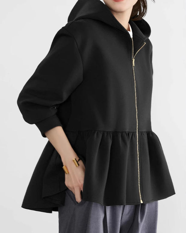 2色展開 フリル裾 パーカー レディース ジップアップ フーディー 長袖 カジュアル ゆったり 体型カバー 無地 シンプル 羽織り 春秋 上品 可愛い 大人カジュアル アウター ID1773