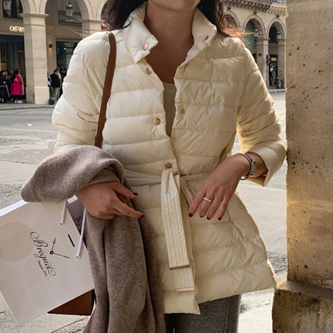 ウエストマーク 中綿ジャケット レディース あったか 立ち襟 ベルト付き 防寒 アウター 冬 通勤 きれいめ 上品 ID2267